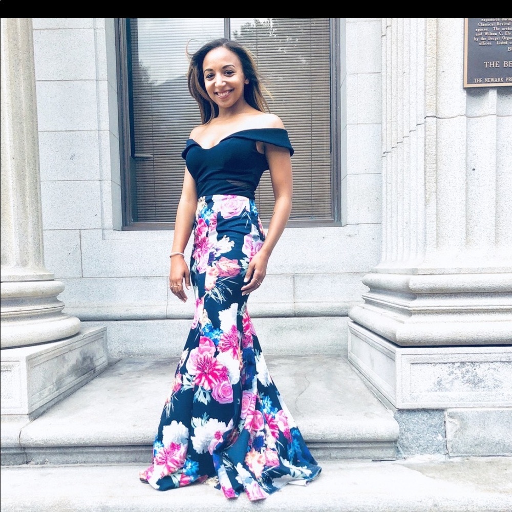 Xscape off the shoulder gown with side mesh cutouts